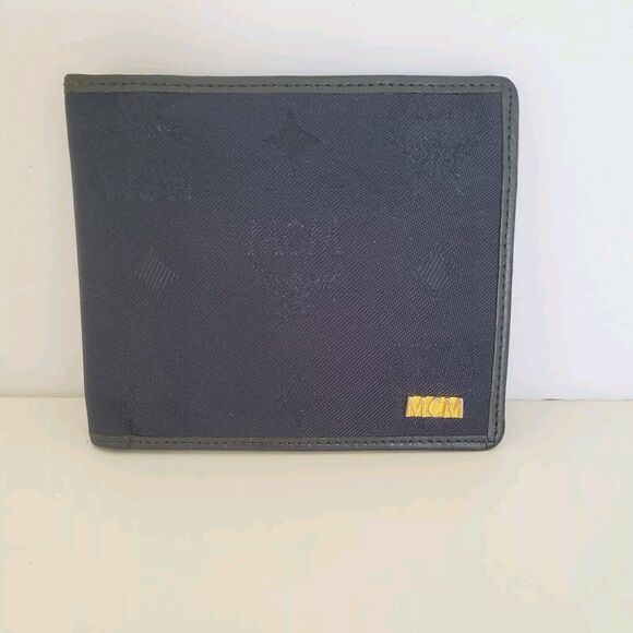 MCM Vintage Men's Wallet Card Case Leather Designer Bifold Signature Navy Blue - Picture 1 of 14